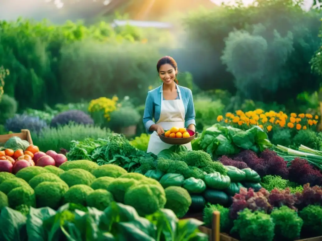 Un jardín exuberante con vegetales y frutas orgánicas, bañado por el sol