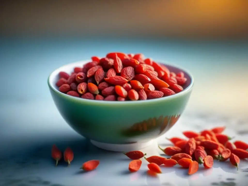 Una exuberante y vibrante fuente de bayas de Goji frescas, goteando agua, resaltando su color rojo intenso