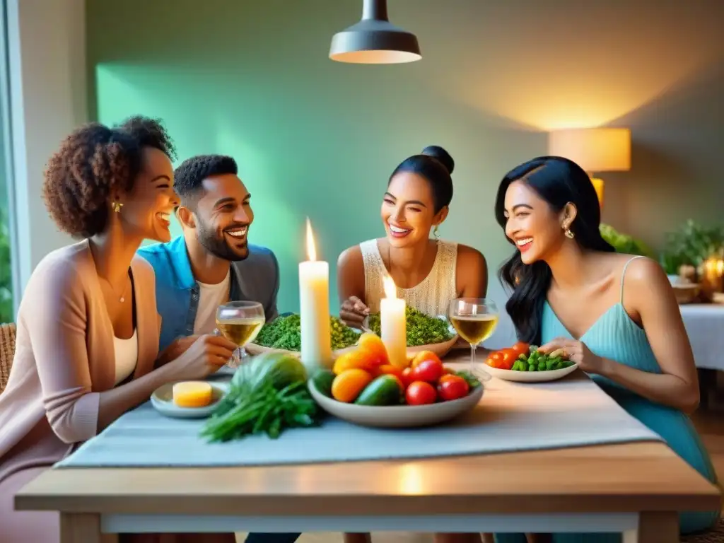 Una familia alegre disfruta de una comida sin gluten en una mesa bellamente decorada