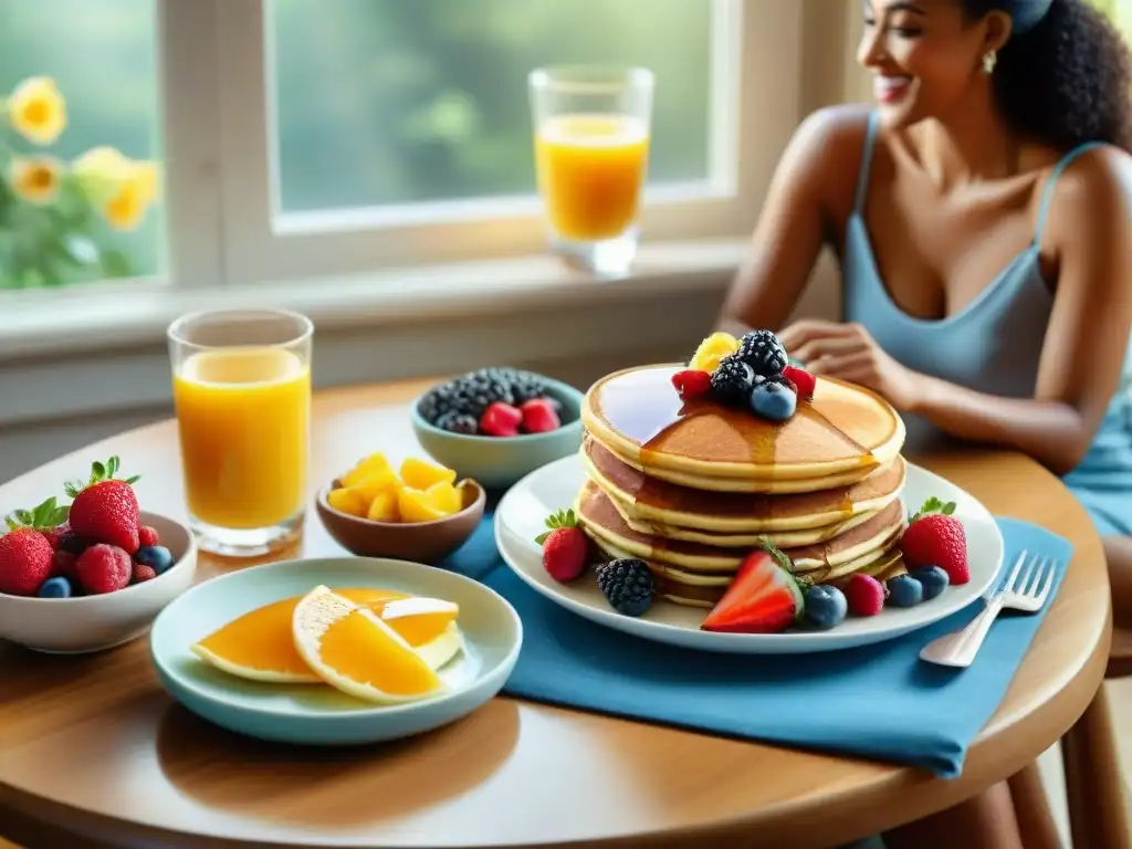 Desayuno familiar feliz con pancakes y frutas frescas Una familia disfruta de un delicioso desayuno con panqueques sin gluten, frutas frescas y sirope de arce, en una mesa acogedora con flores coloridas