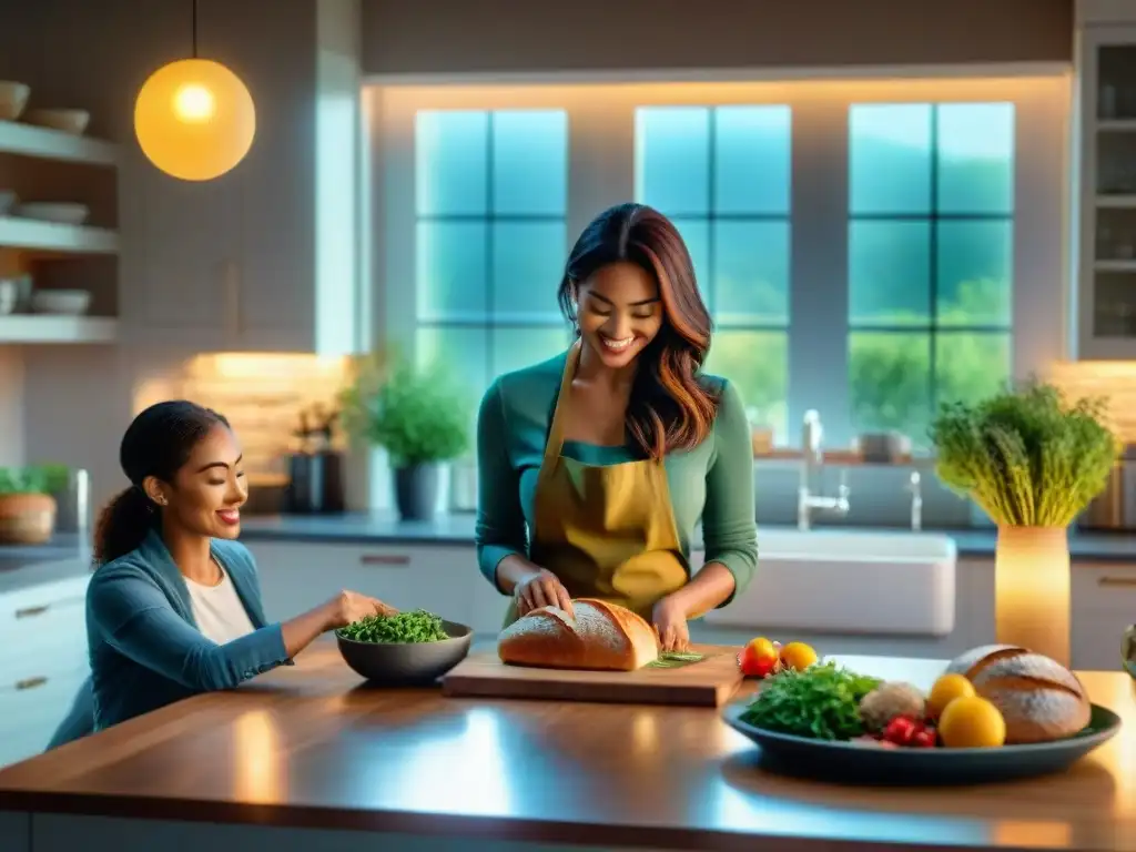 Una familia diversa cocina feliz en una cocina acogedora sin gluten, compartiendo una comida sabrosa