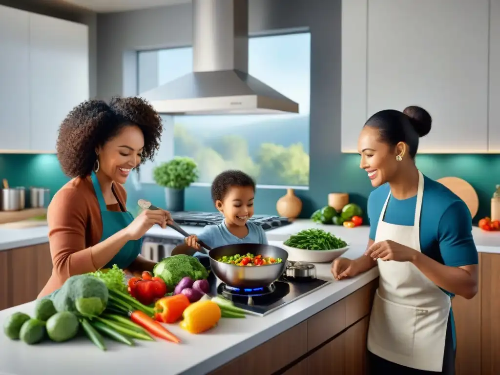 Una familia diversa cocina juntos en una cocina moderna, transmitiendo armonía y salud con 'Apps nutrición salud balance perfecto'