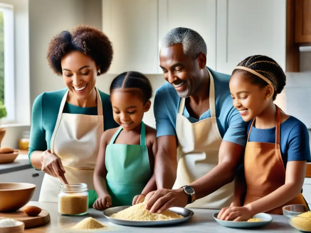 Una familia diversa, felizmente horneando en una cocina soleada, rodeada de ingredientes sin gluten