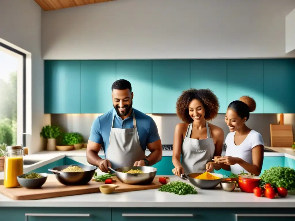 Una familia diversa prepara deliciosos platos sin gluten en una cocina moderna y espaciosa, disfrutando de la cocina sin gluten sabrosa