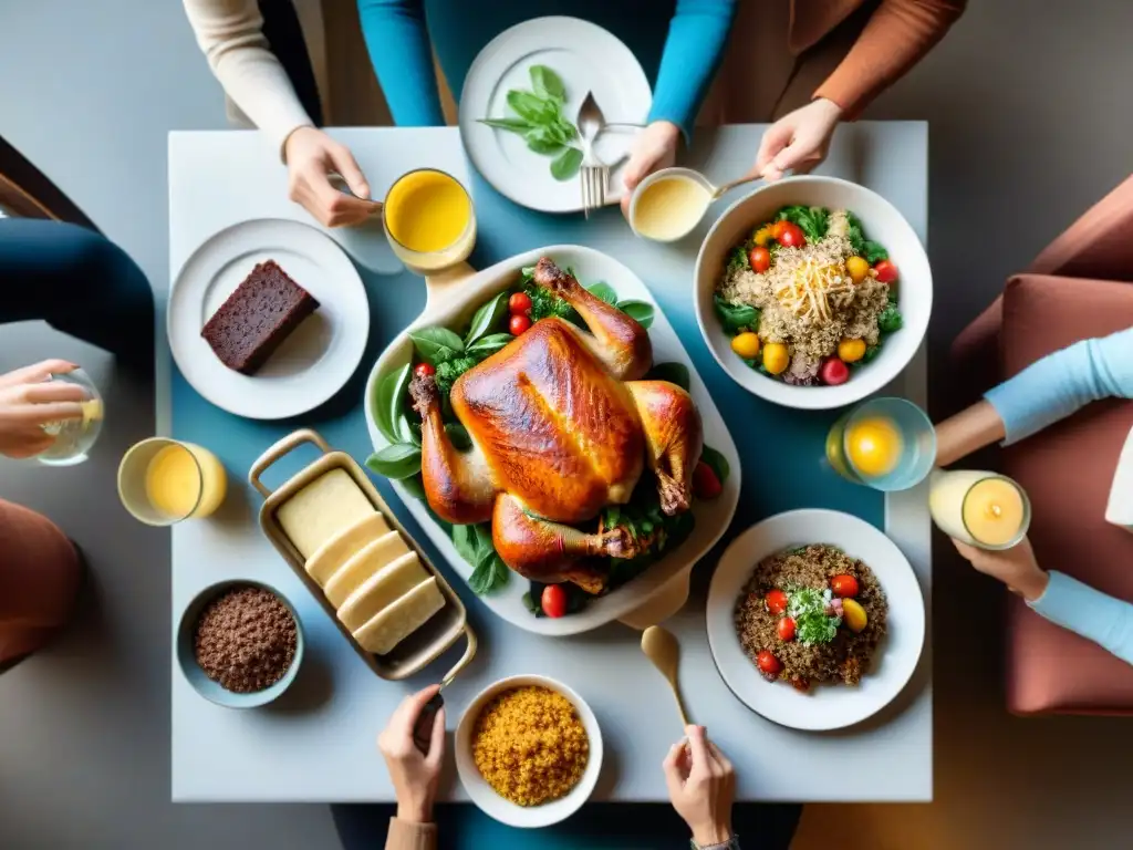 Una familia diversa disfruta de una cena en la mesa con platillos sin gluten sabrosos y coloridos