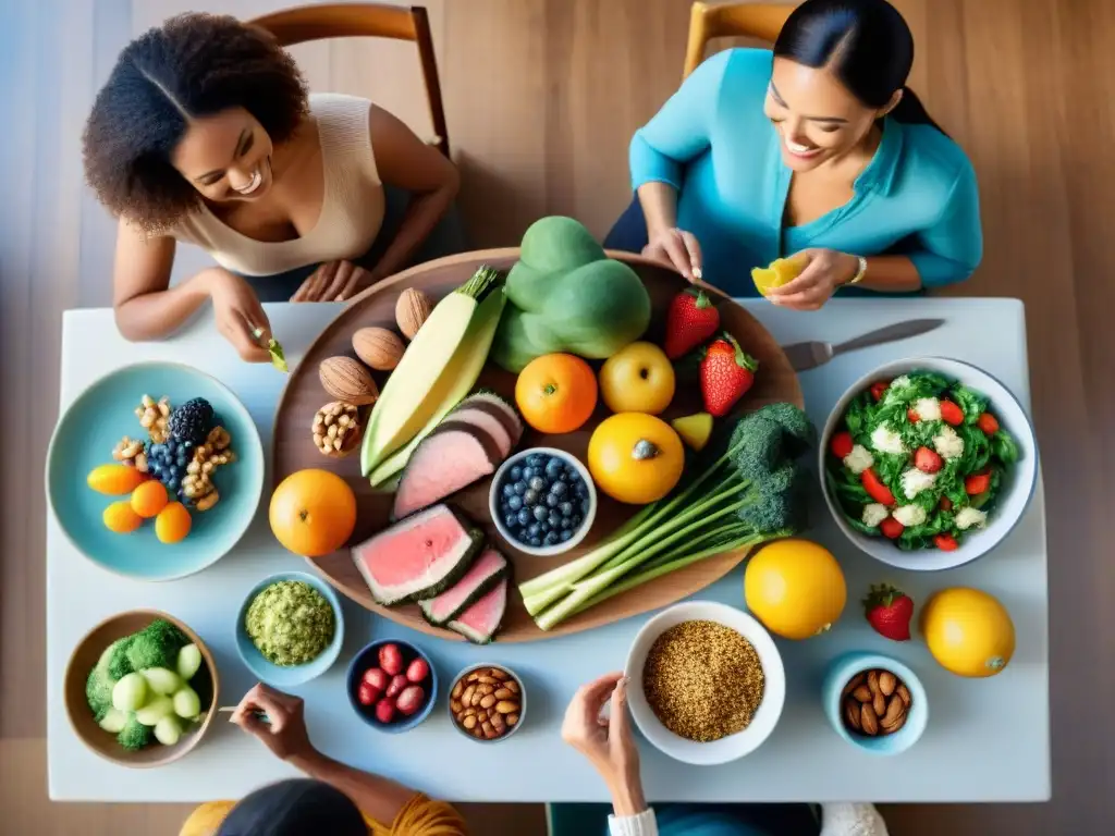 Una familia diversa disfruta de una comida paleo sin gluten en armonía y felicidad