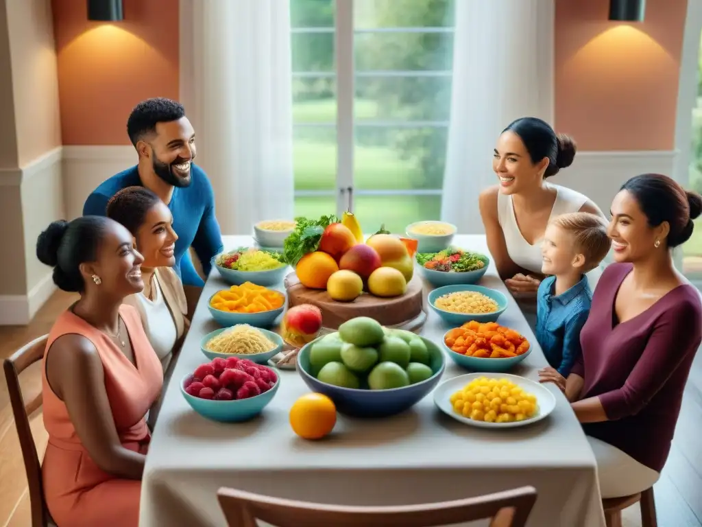 Una familia diversa disfruta de una comida sin gluten en un ambiente cálido y acogedor