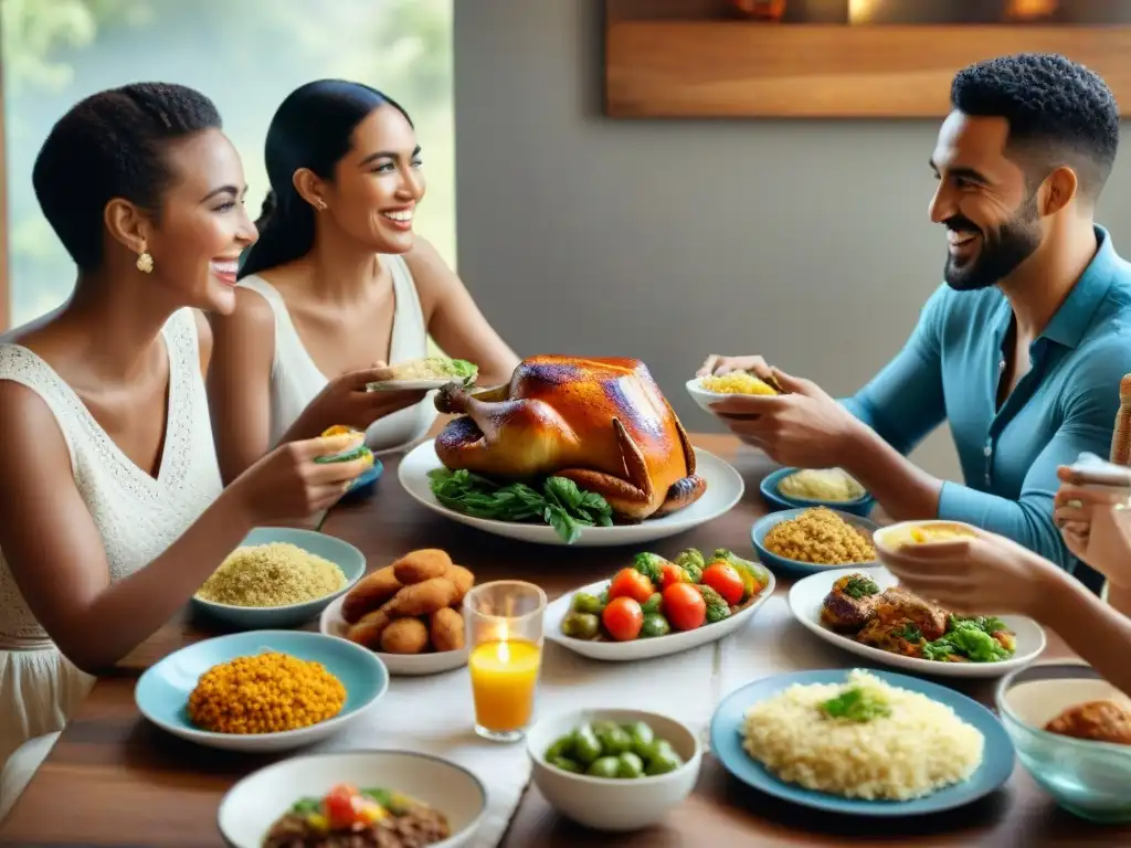 Una familia diversa disfruta de una comida sin gluten en armonía, transmitiendo alegría y unión