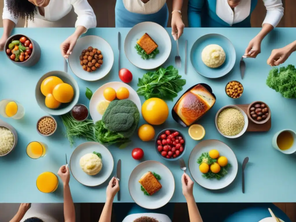 Una familia diversa disfruta de una mesa llena de creativas y deliciosas recetas innovadoras de cocina sin gluten