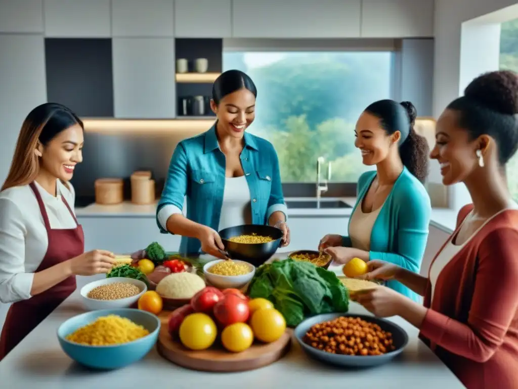 Una familia diversa y feliz preparando juntos alimentos sin gluten y lácteos en una moderna cocina luminosa