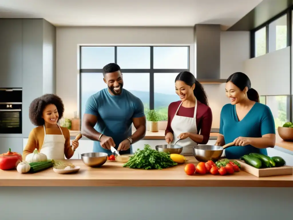 Una familia diversa y feliz cocina junta en una moderna cocina, con ingredientes sin gluten