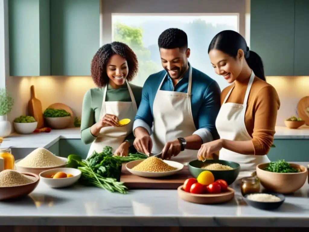 Una familia diversa felizmente cocinando juntos en una cocina sin gluten, con ingredientes frescos y coloridos