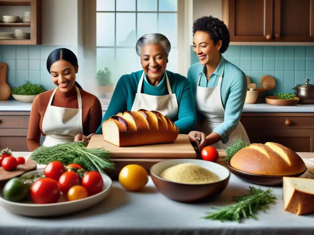 Una familia diversa preparando recetas familiares sin gluten tradicionales en la cocina