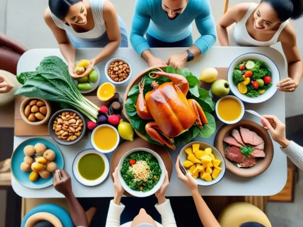 Una familia diversa y vibrante disfruta de una mesa colorida con platos paleo sin gluten