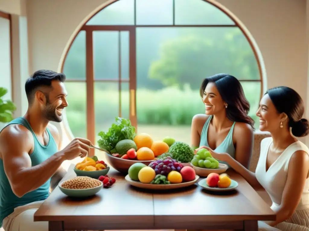 Familia feliz disfruta de comida Paleo sin gluten en ambiente acogedor