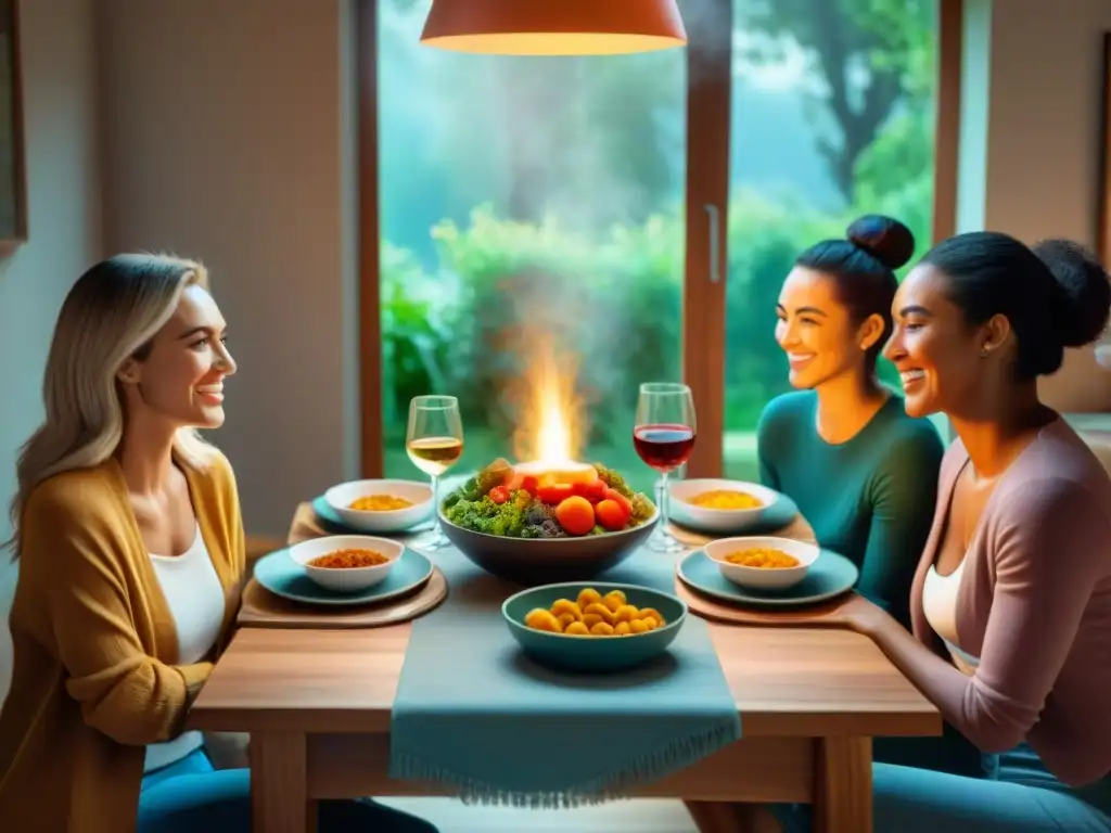 Una familia feliz disfruta de una cena sabrosa en una mesa bellamente decorada