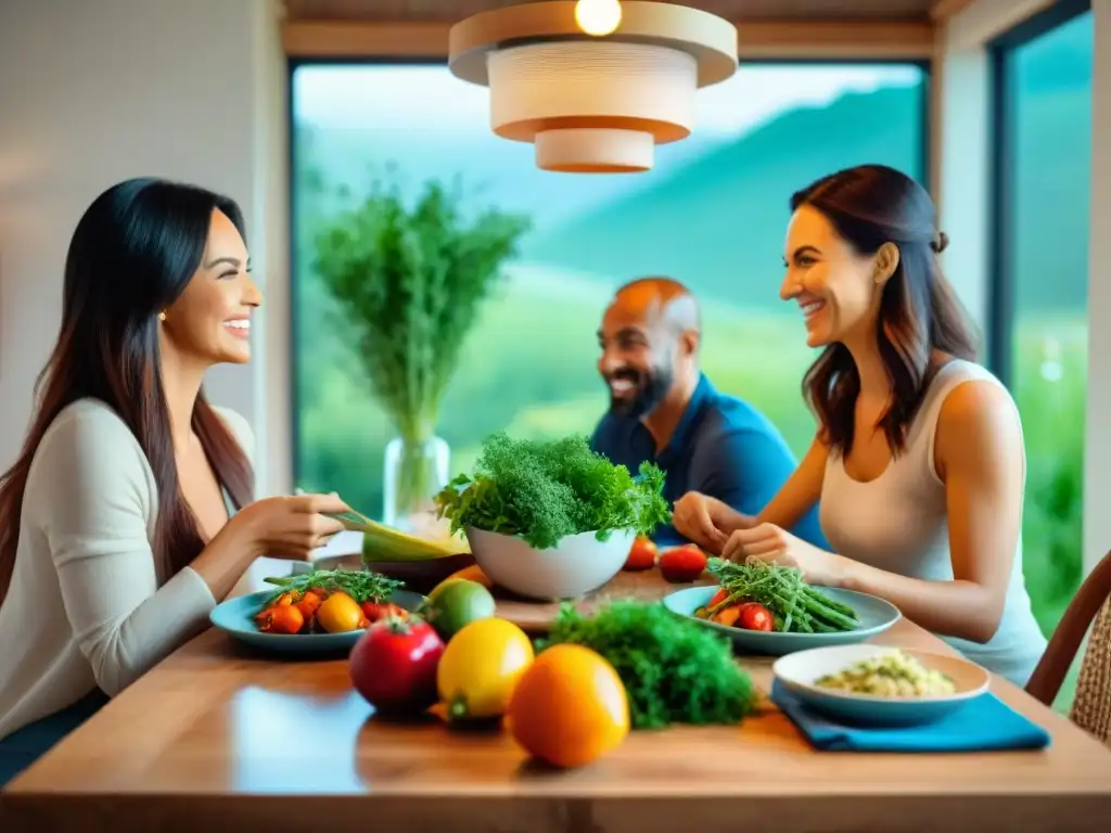 Una familia feliz disfruta de una comida paleo sin gluten en un ambiente acogedor y cálido