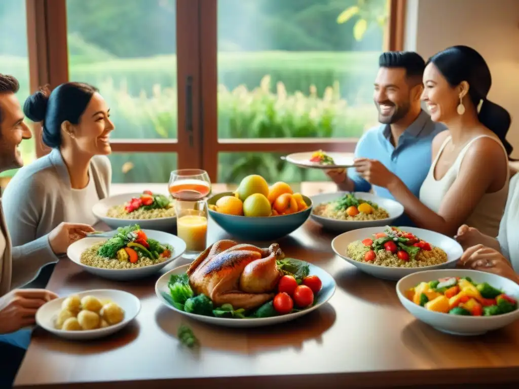 Una familia feliz disfruta de una comida sin gluten juntos en una mesa bellamente decorada