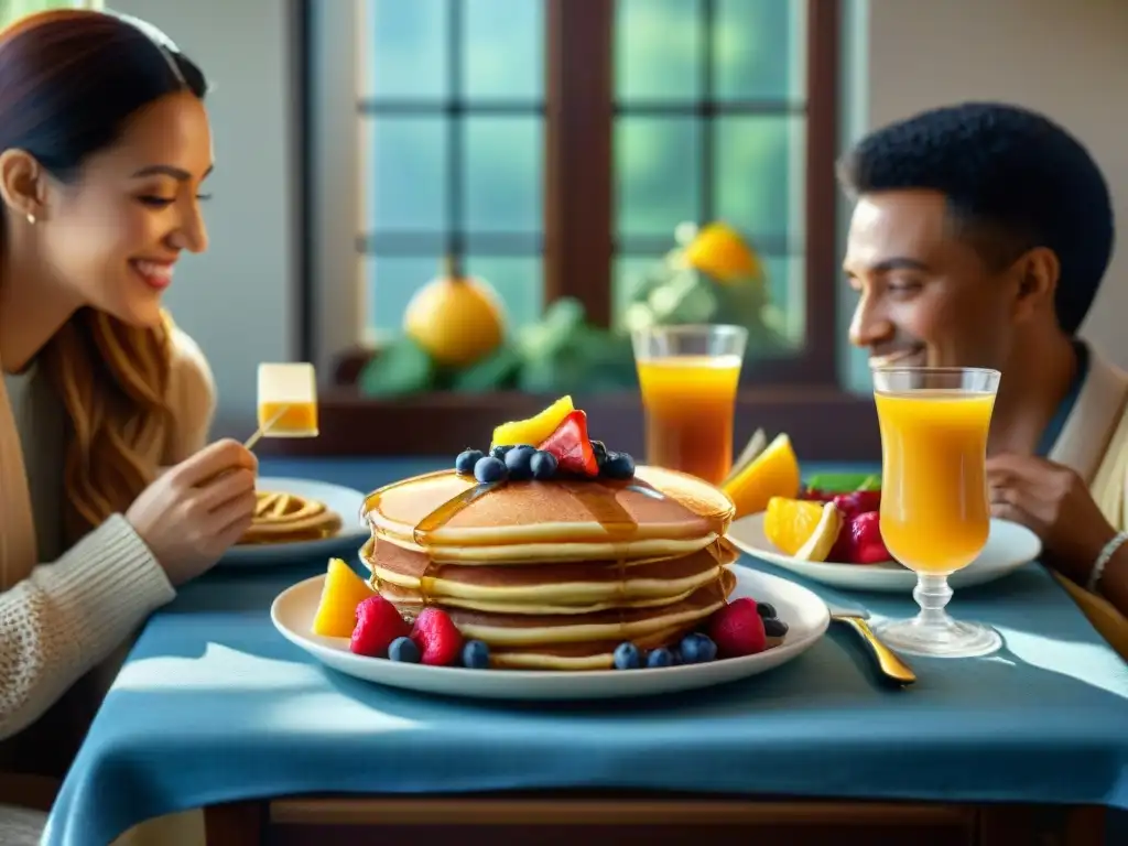 Desayuno familiar feliz con pancakes y waffles sin gluten Una familia feliz disfrutando de un desayuno con panqueques y waffles sin gluten