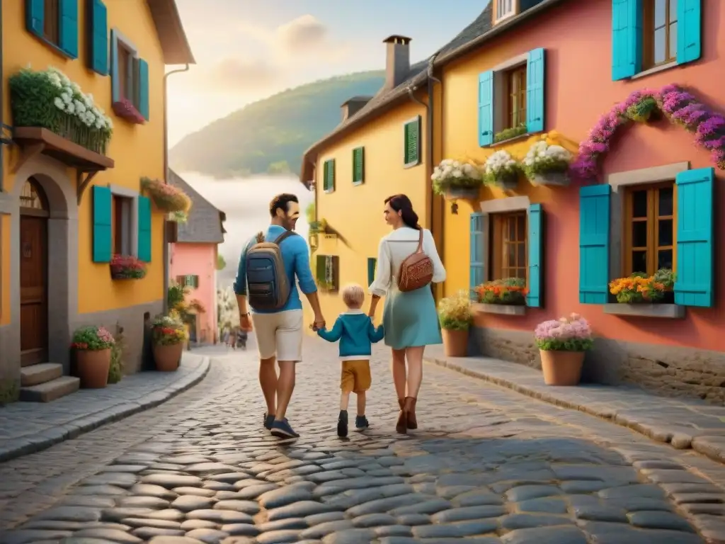 Una familia camina feliz por un encantador pueblo europeo al atardecer