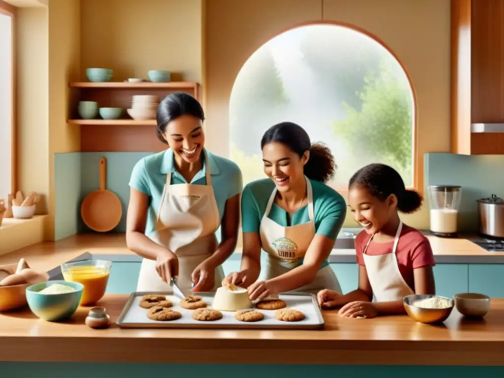 Una familia feliz preparando galletas sin gluten para niños en una cocina luminosa y moderna