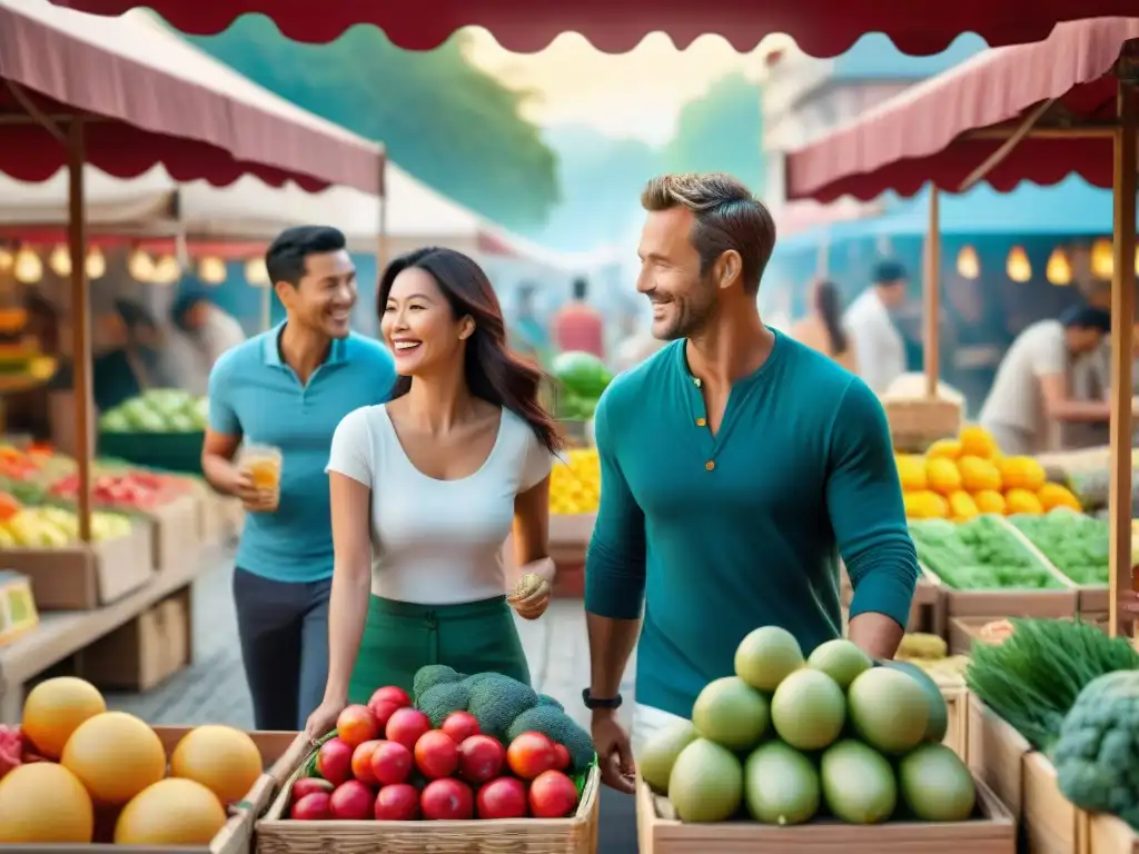 Una familia feliz explora un mercado al aire libre lleno de opciones sin gluten durante sus vacaciones familiares