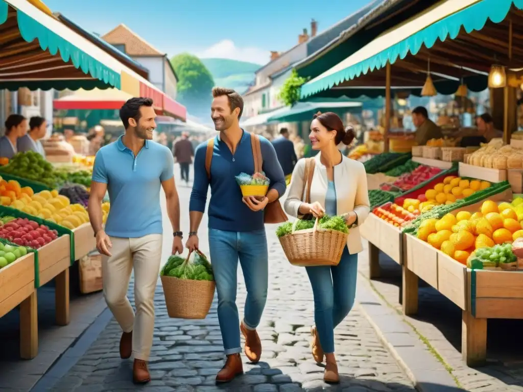 Una familia feliz explorando un mercado al aire libre en un pintoresco pueblo europeo