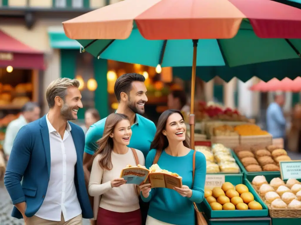 Una familia feliz explorando un mercado europeo sin gluten en vacaciones familiares