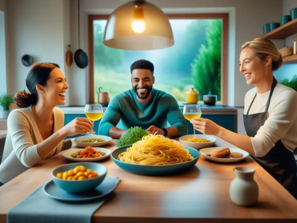 Una familia feliz disfruta de una mesa llena de deliciosas recetas sin gluten para niños en un ambiente acogedor de cocina