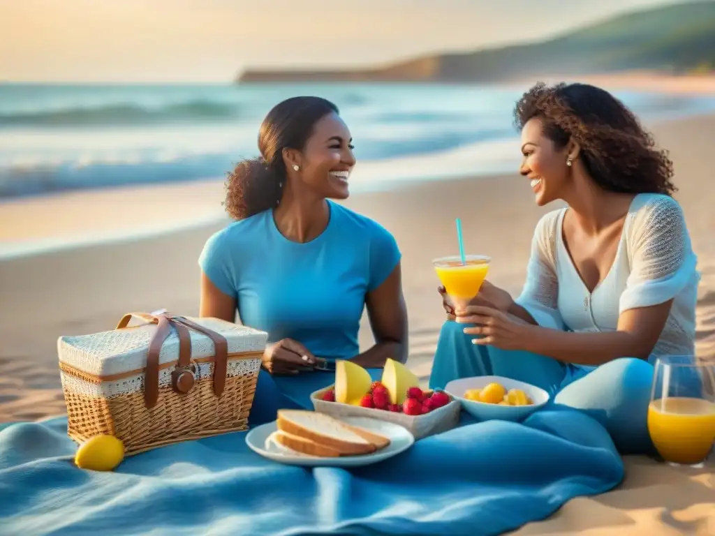 Familia feliz disfruta de un picnic sin gluten en la playa, con olas azules de fondo