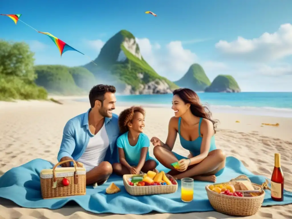 Una familia feliz disfruta de un picnic sin gluten en la playa