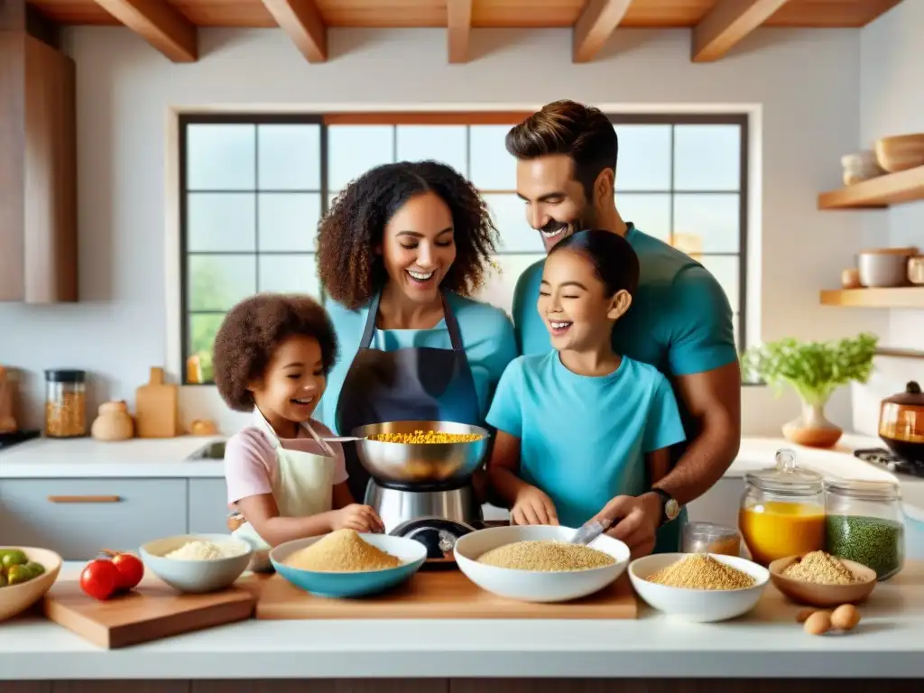 Una familia feliz preparando recetas sin gluten para niños en una cocina acogedora llena de ingredientes coloridos y utensilios de cocina