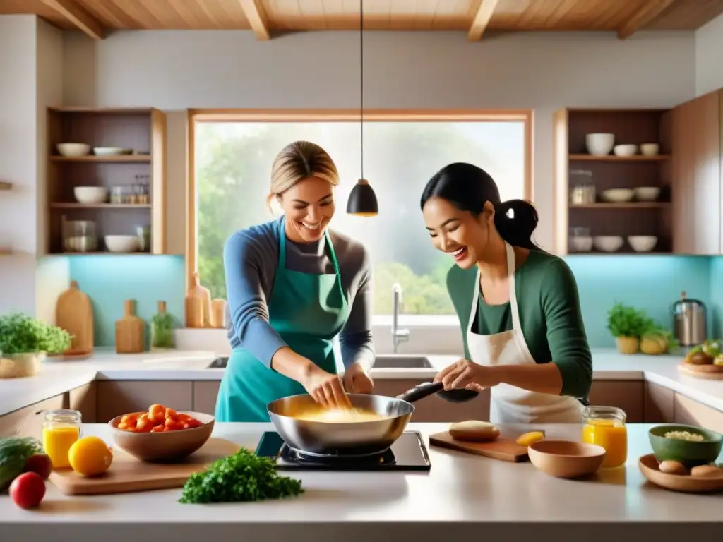 Familia feliz preparando recetas sin gluten para niños en cocina moderna y luminosa