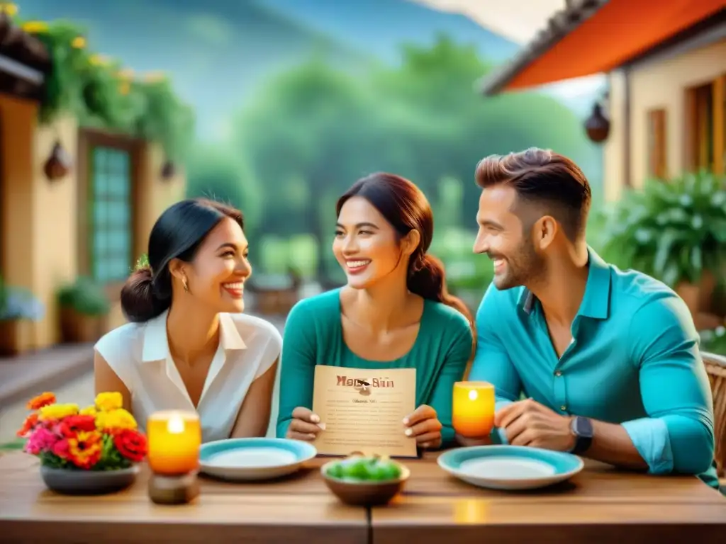 Una familia feliz disfruta de unas vacaciones sin gluten en un encantador restaurante al aire libre