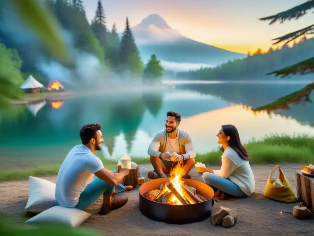 Familia feliz en vacaciones sin gluten alrededor de fogata en campamento forestal al atardecer