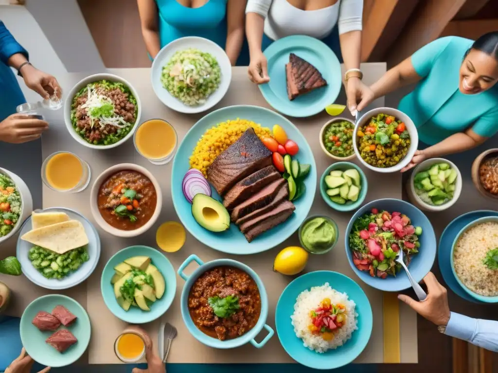 Una familia latina disfruta de recetas sin gluten en una mesa festiva, creando un ambiente cálido de comunidad y unión