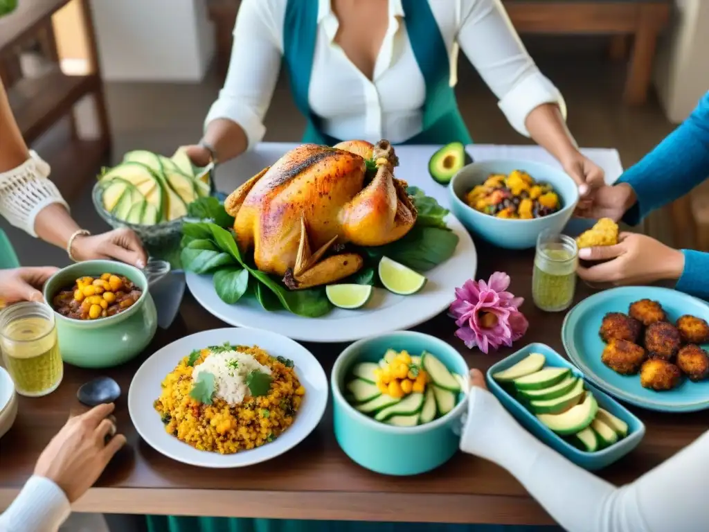 Una familia latina sonriente disfruta de recetas latinas sin gluten en una mesa festiva