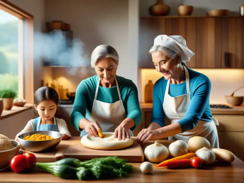 Una familia multigeneracional se reúne en la cocina, preparando recetas familiares sin gluten tradicionales con alegría y conexión