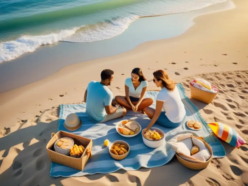 Una familia disfruta de un picnic sin gluten en la playa al atardecer