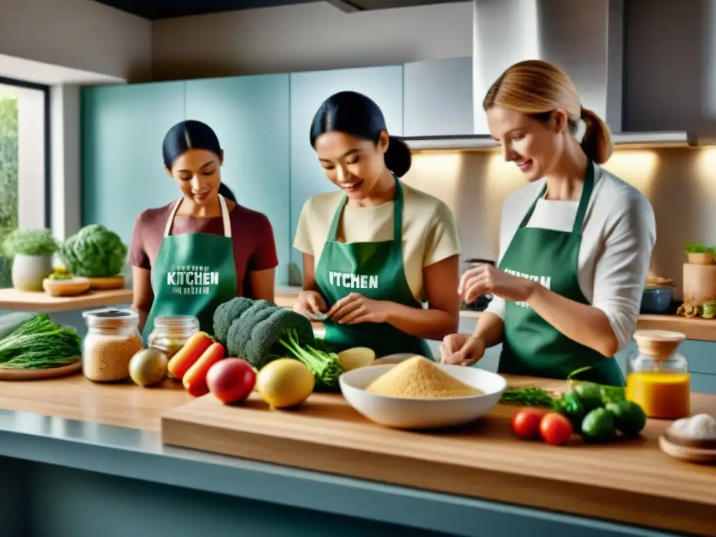 Una familia unida en la cocina, preparando alimentos sin gluten con cuidado y prevención de contaminación cruzada