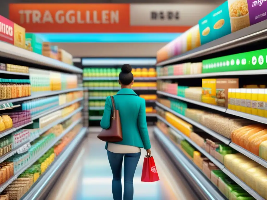 Familias felices comprando alimentos sin gluten en un supermercado moderno