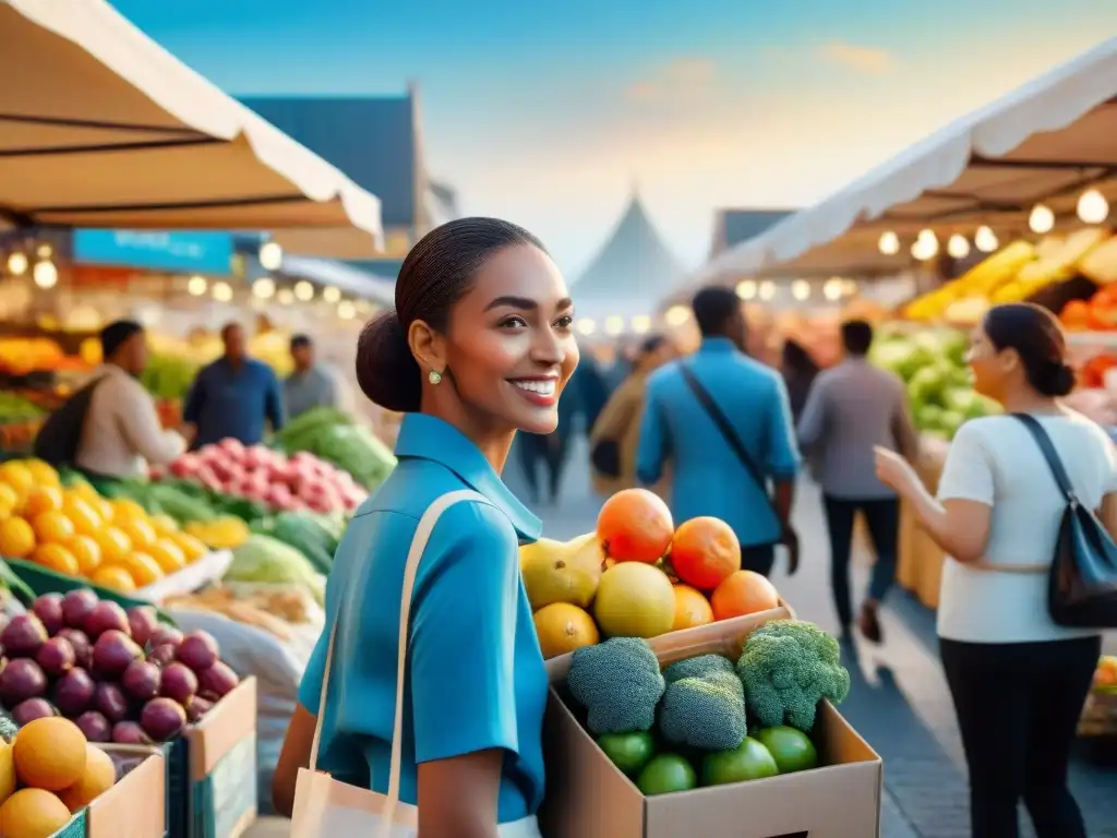 Familias felices comprando en mercado al aire libre, lleno de productos sin gluten