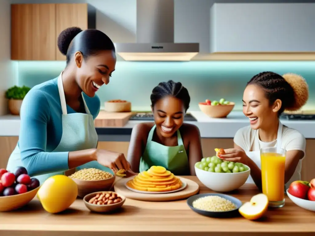 Familias felices preparando meriendas sin gluten juntas en una cocina moderna y soleada