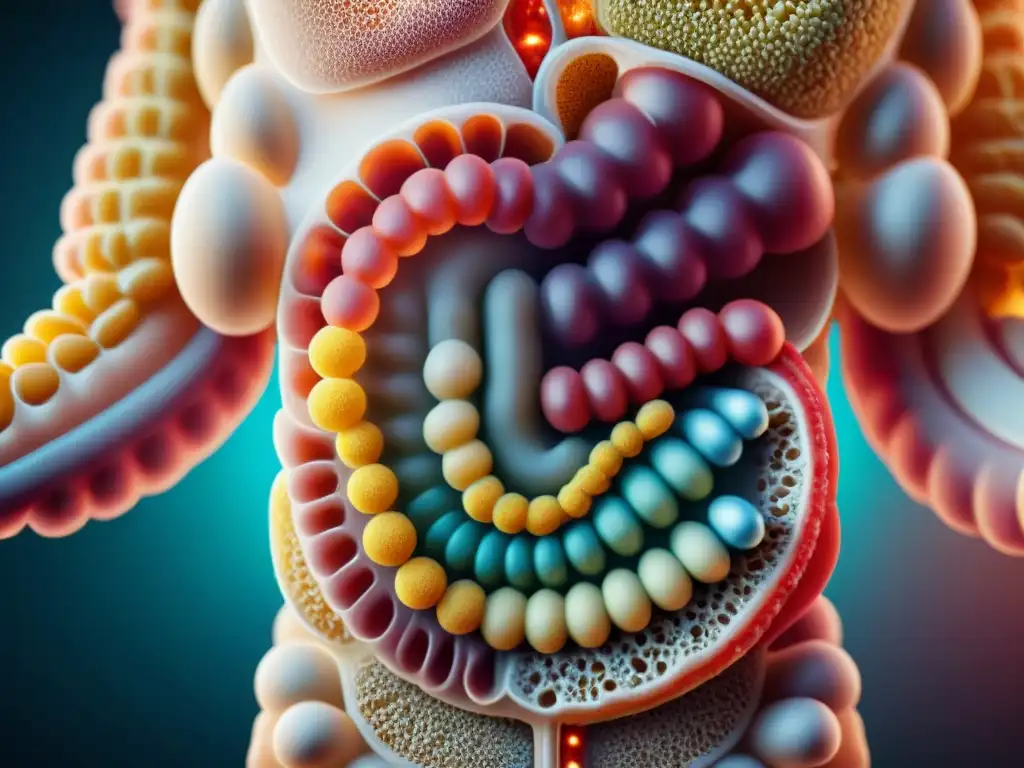 Fascinante imagen de la microbiota intestinal próspera y diversa, interactuando con moléculas de gluten, promoviendo la salud