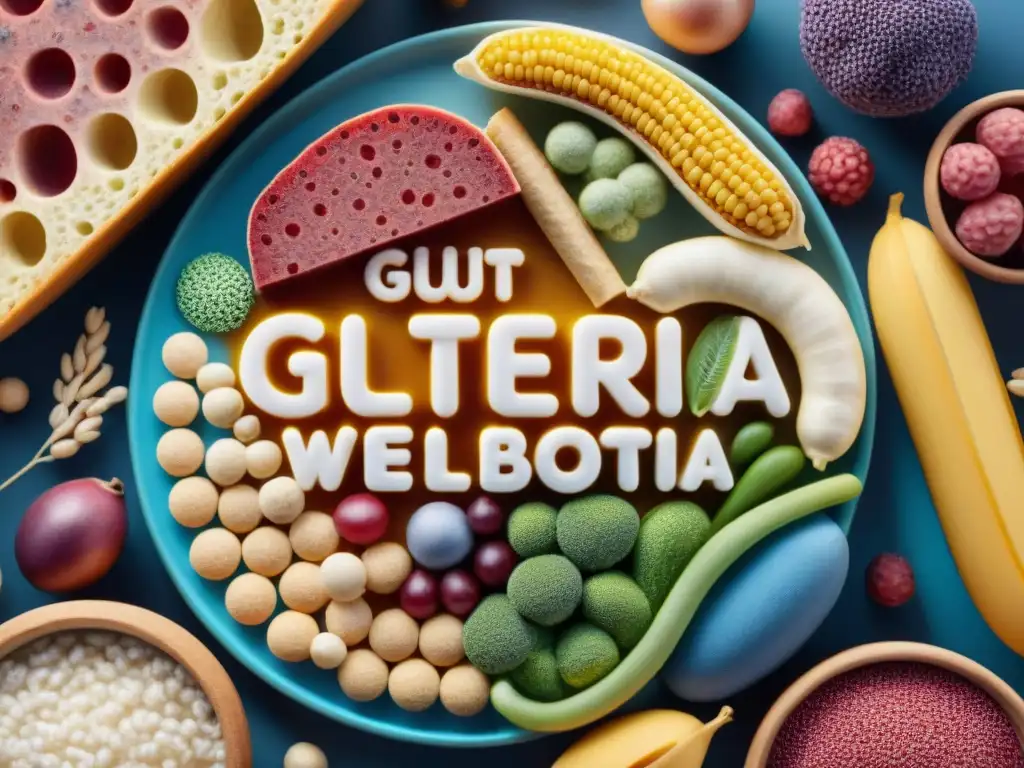 Fascinante ilustración de microbiota colorida interactuando con comida sin gluten, resaltando la dieta sin gluten y la microbiota