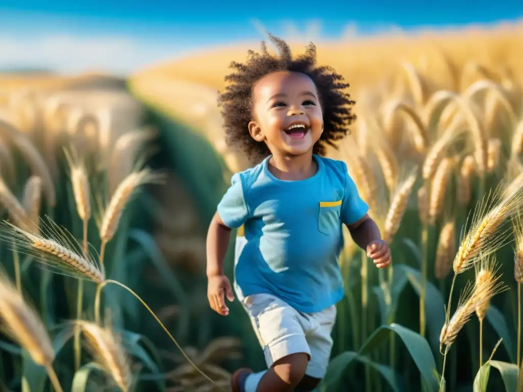 Niño feliz corriendo en campo de trigo dorado bajo cielo azul, transmitiendo alegría y libertad