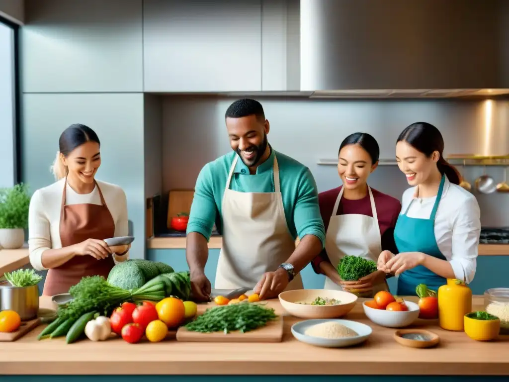 Feliz clase de cocina sin gluten en cocina moderna con ingredientes y utensilios variados