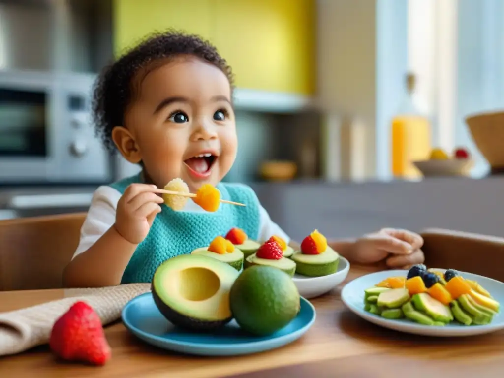 Niño feliz en la cocina, listo para comer recetas sin gluten, rodeado de deliciosos bocadillos saludables y coloridos