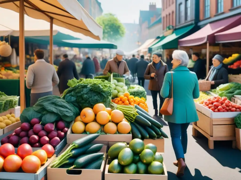 Feria al aire libre con productos sin gluten y alérgenos, colorida y vibrante, creando un ambiente comunitario emocionante