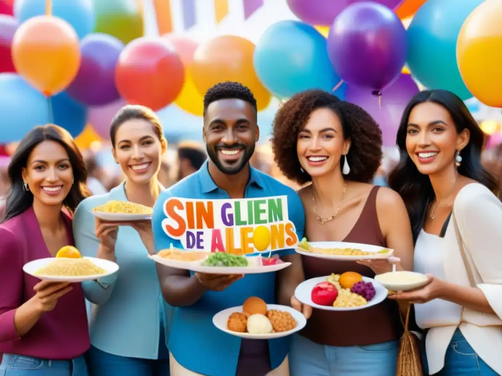 Una feria sin gluten y alérgenos llena de diversidad y alegría, con personas sonrientes y platos coloridos